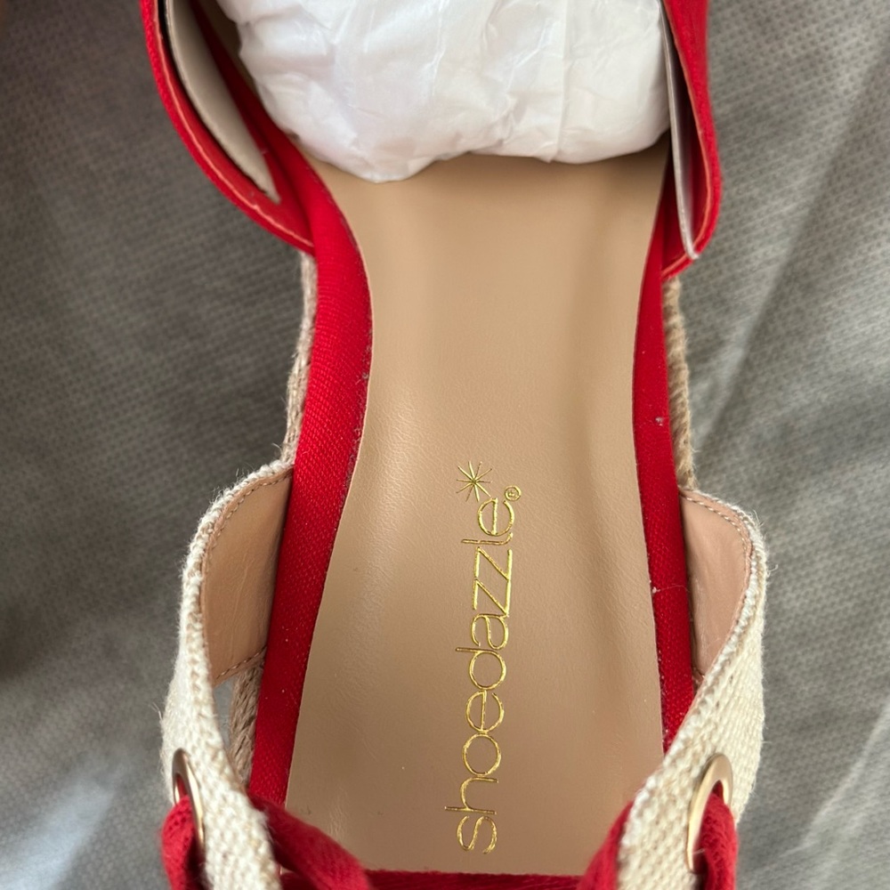 Shoe Dazzle “CONNEE” Red Espadrille Wedge Sandals - Picture 6 of 6